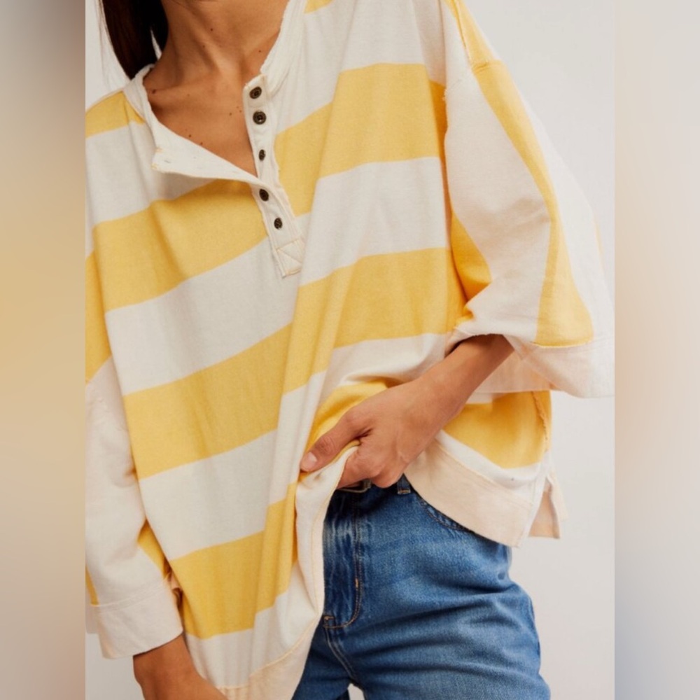 Free People Yellow and Cream Striped Henley Jersey - Picture 3 of 11